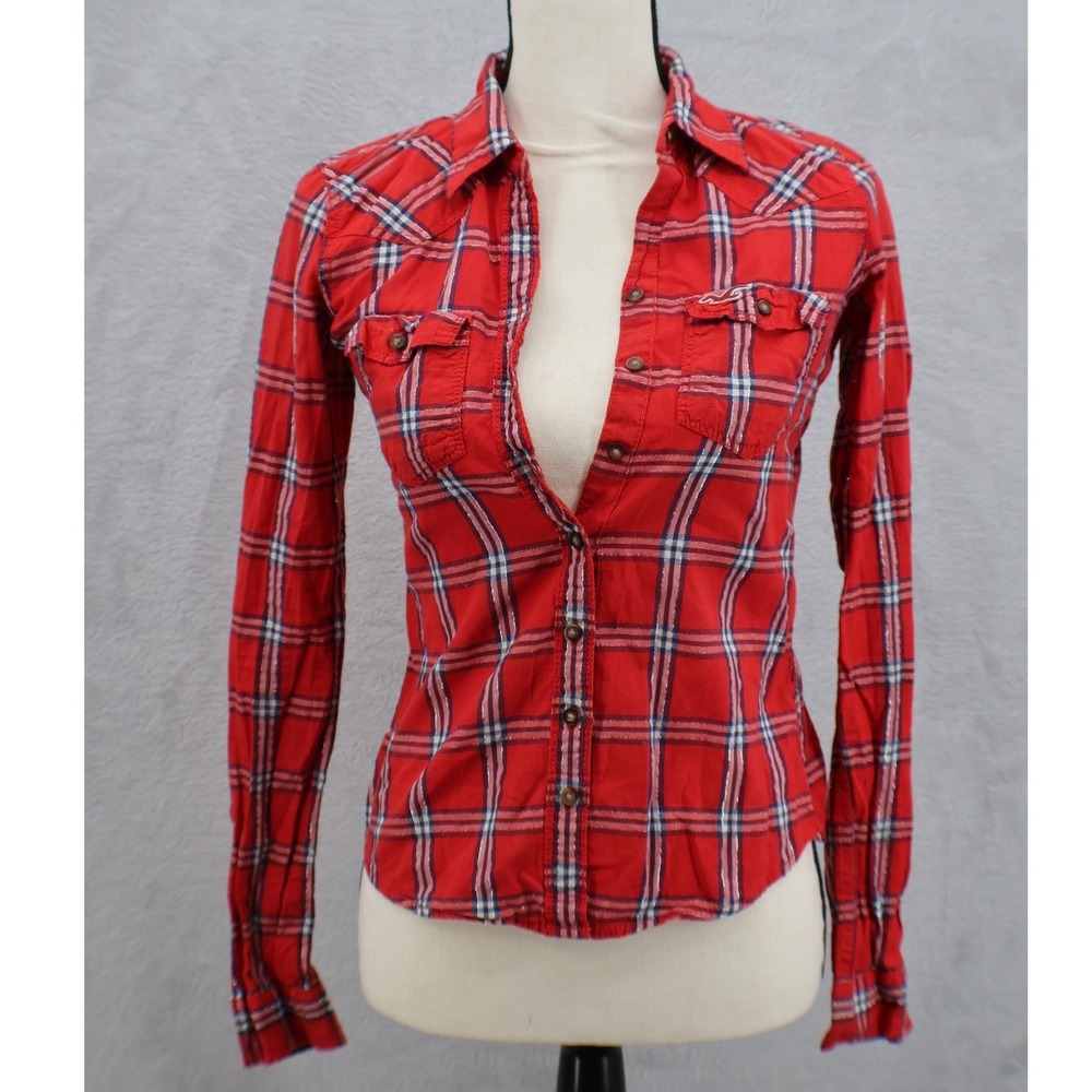 Hollister Red Plaid Metallic Western Button Down Shirt XS 340277100 Western